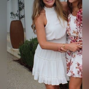 White Ruffle High Neck Dress with Eyelet and Button Closure